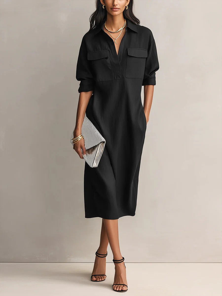 Women's Solid Color Pleated A-Line Midi Dress | Elegant Office Casual Shirt Collar Dress