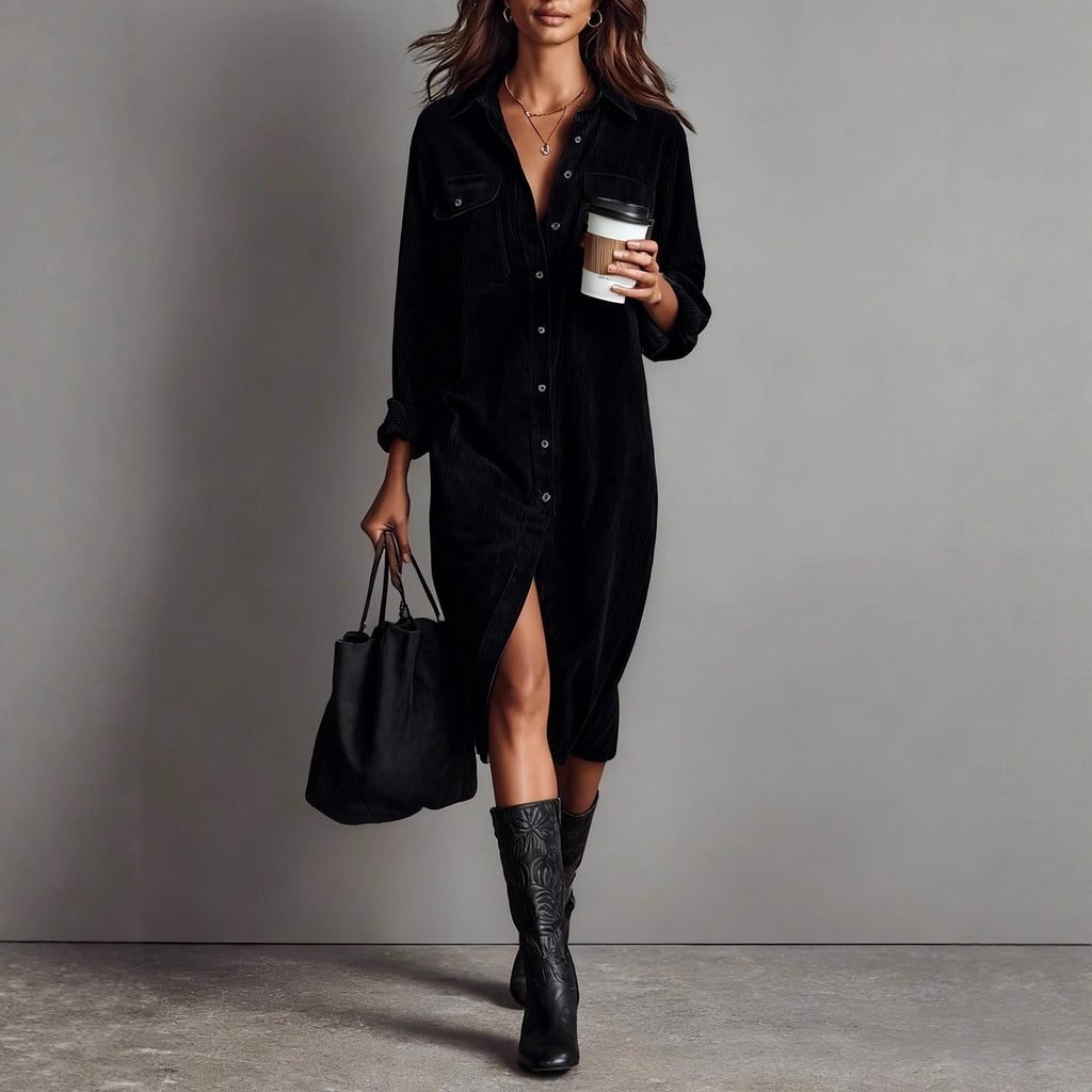 Women's Corduroy Long Sleeve Shirt Dress – Turn-Down Collar Button Front Midi with Pockets