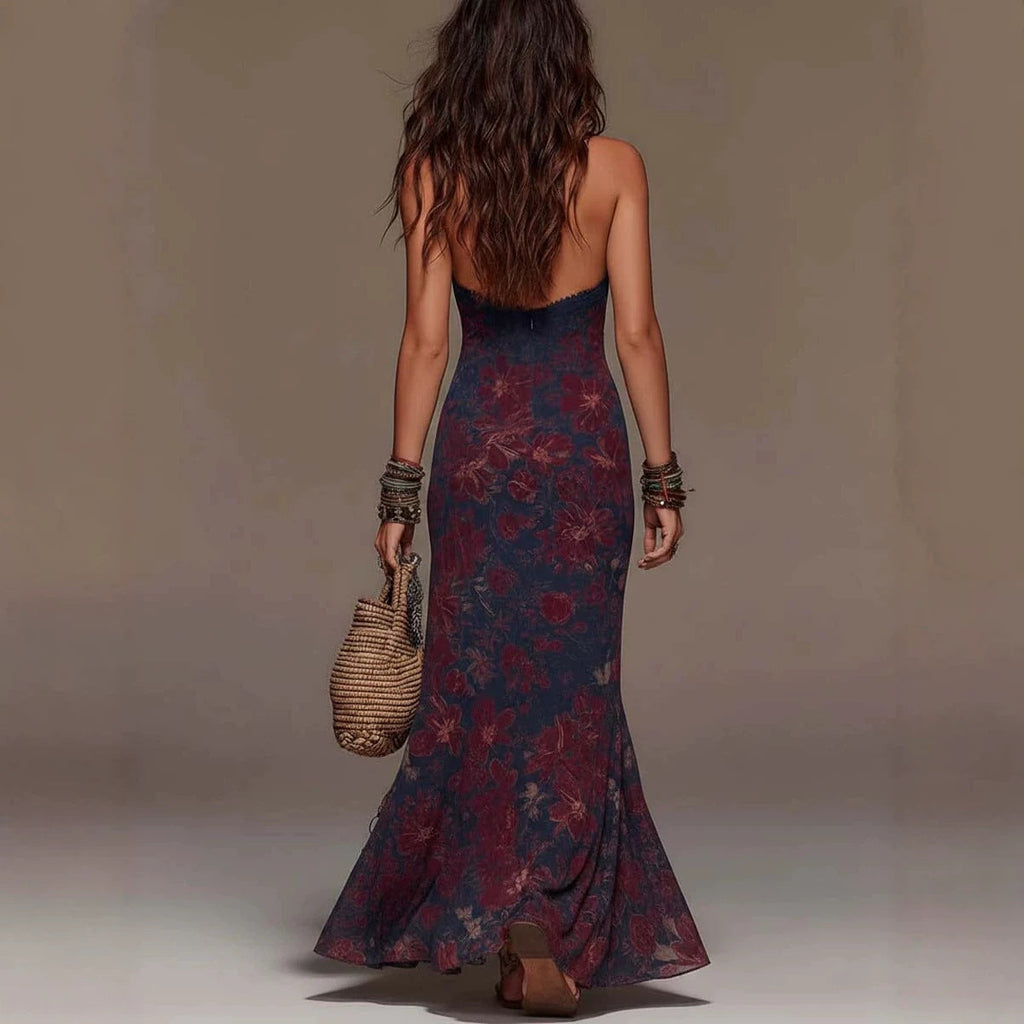 Women's Floral Print Halter Neck Deep V Lace Trim Mermaid Maxi Dress