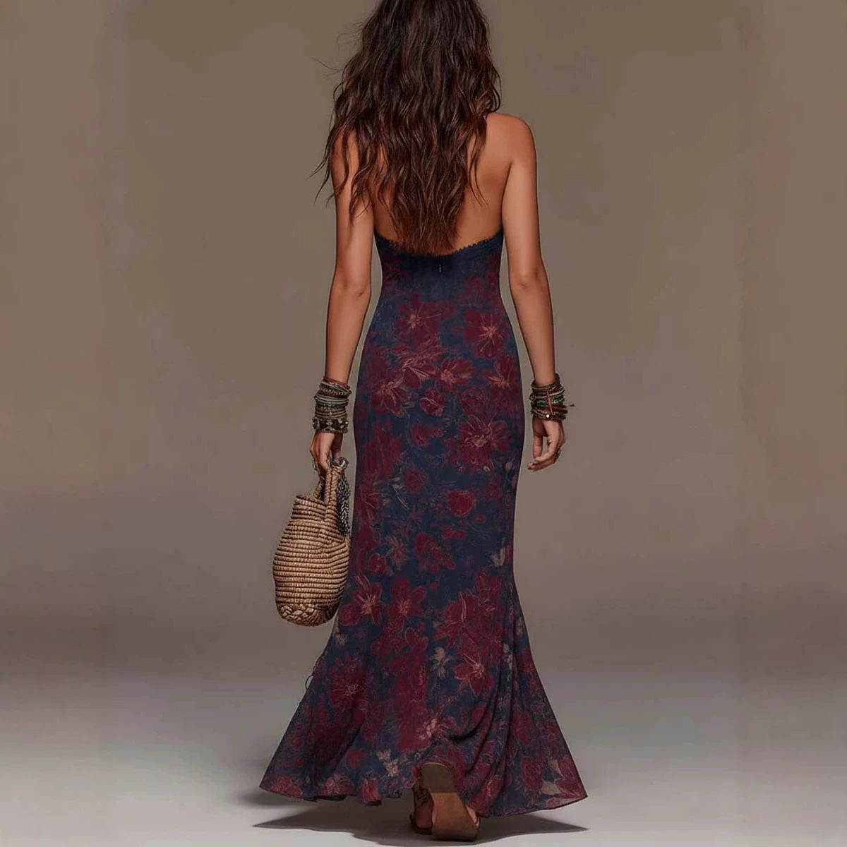 Women's Floral Print Halter Neck Deep V Lace Trim Mermaid Maxi Dress