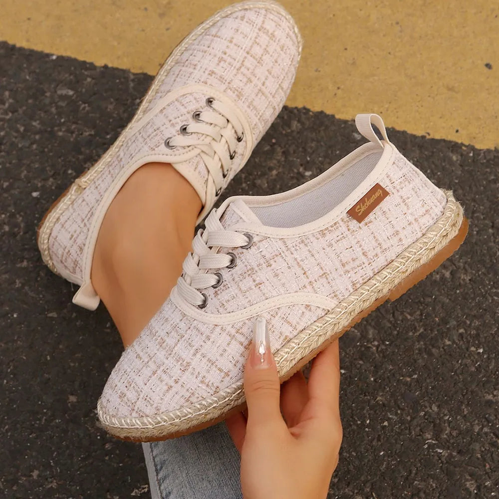 Tweed Lace-Up Round Toe Flat Sneakers – Canvas PU Casual