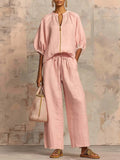 Women's Casual Loose Zipper Round Neck Wide-Leg Pants Set