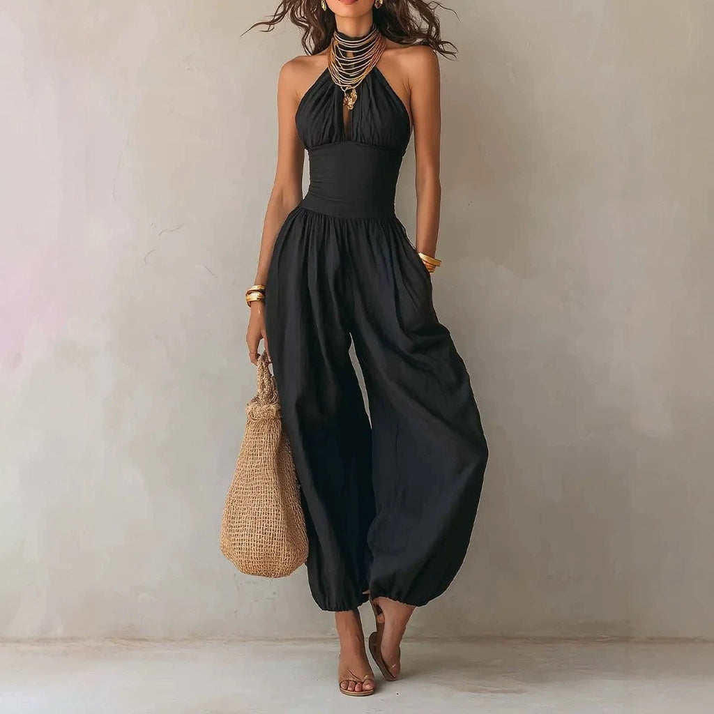 Women's Halter Neck Sleeveless Jumpsuit | Slim Casual Wide-Leg Jumpsuit in Black
