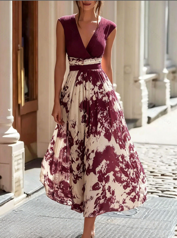 Women's Elegant Sleeveless Deep V-Neck Printed Maxi Dress with Irregular Hem