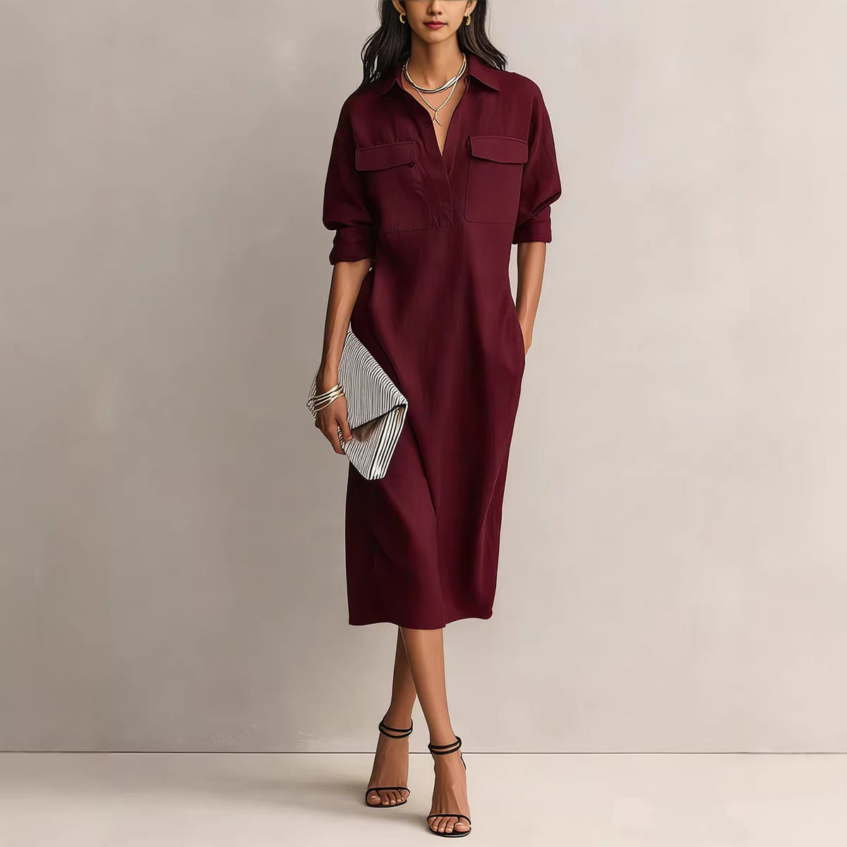 Women's Solid Color Pleated A-Line Midi Dress | Elegant Office Casual Shirt Collar Dress