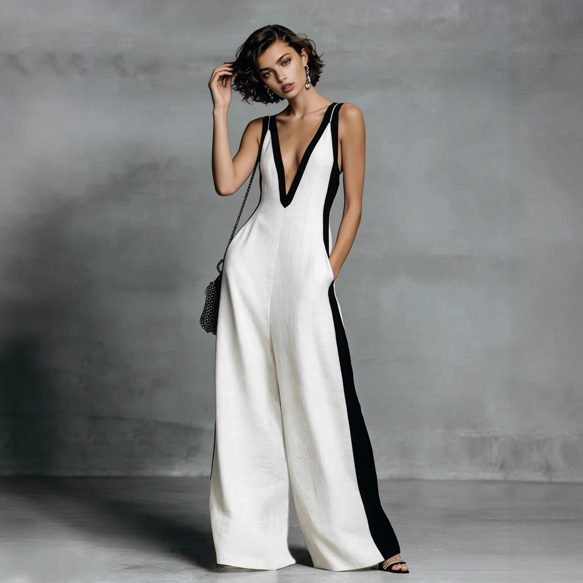 Women's Color-Block Sleeveless V-Neck Wide-Leg Jumpsuit – French Style Long Pants