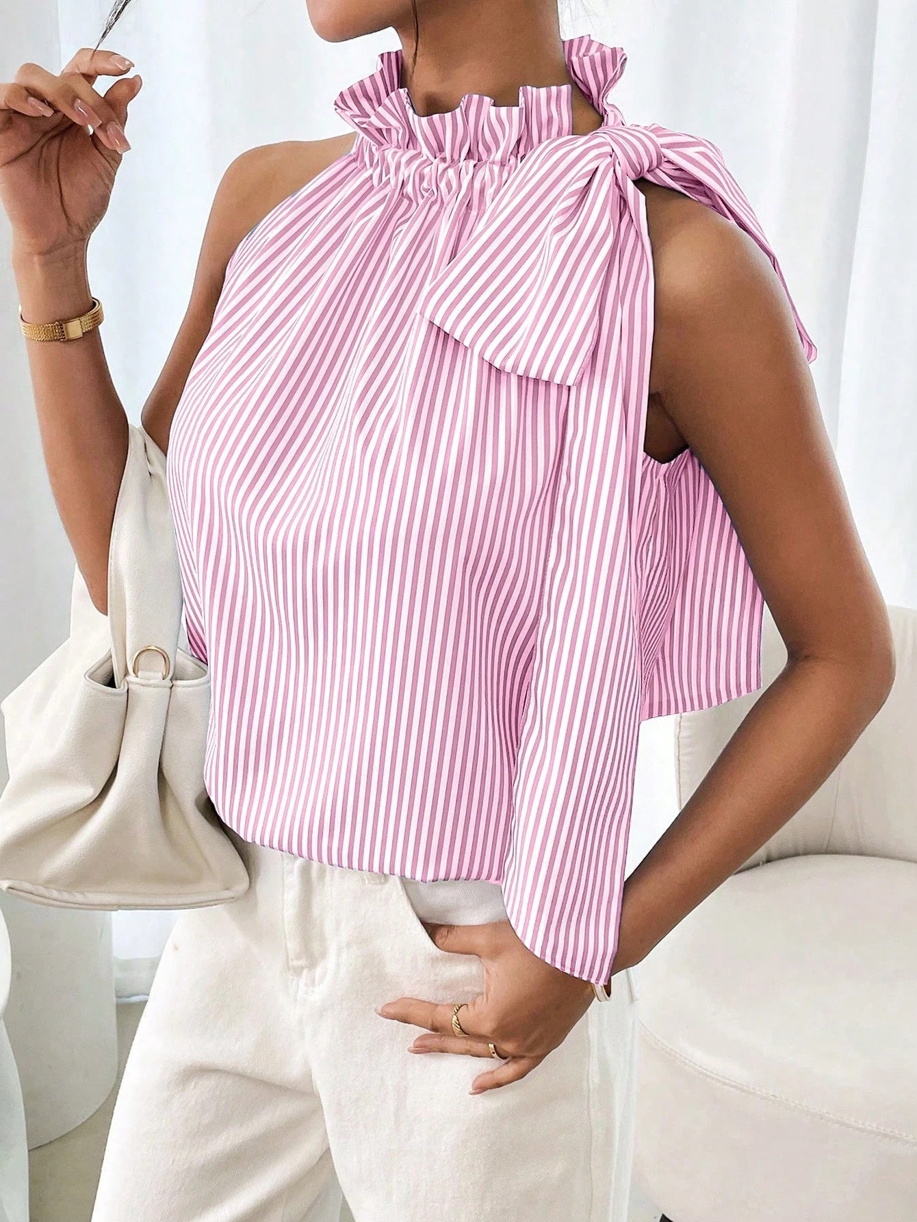Women's Striped Sleeveless Top – Ruffle High Neck Lace Trim Tie-Knot Bow Blouse