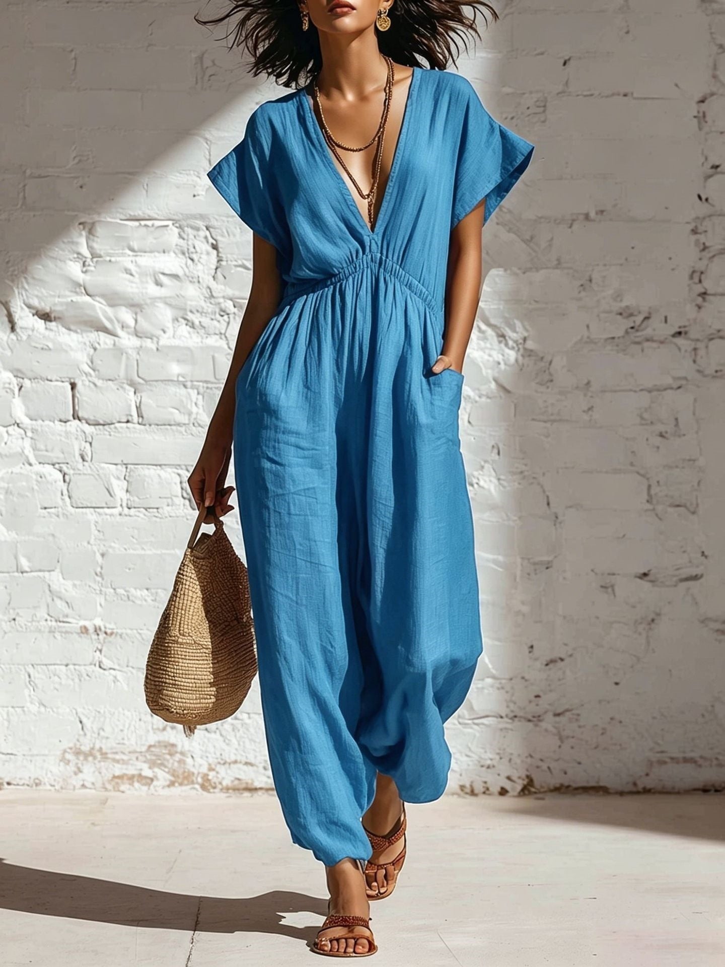 Women's Deep V-Neck Three-Quarter Sleeve High Waist Wide Leg Pants