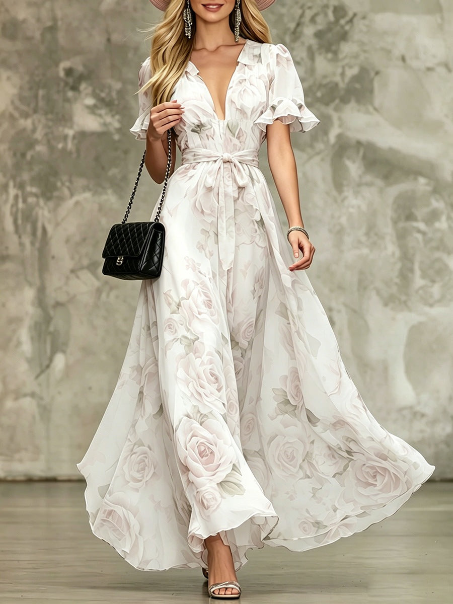 Women's Deep V-Neck Ruffle Sleeve Printed Maxi Dress – High Waist