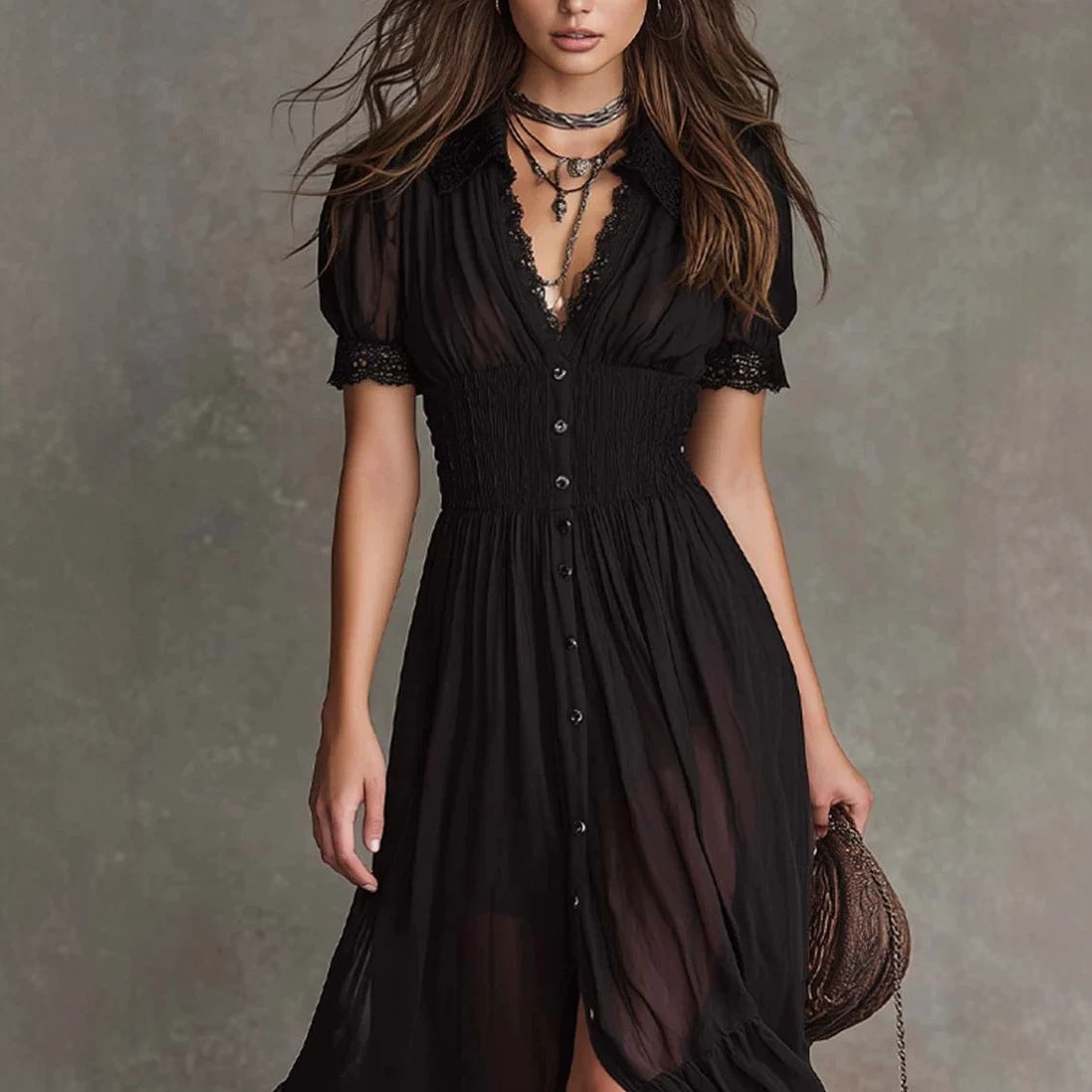 Women's Short Sleeve Bodycon Maxi Dress | Ruffled Hem Side Slit Dark Chic Dress in Black