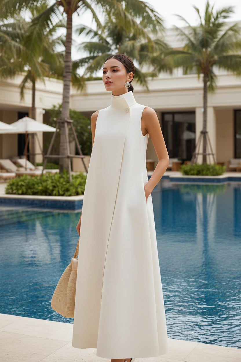 Elegant Sleeveless Long Dress – Stand Collar Office & Casual Dress
