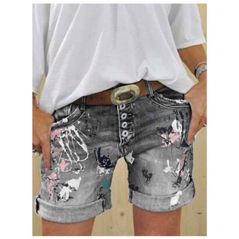 Women's High-Waist Printed Elastic Denim Shorts with Button Closure