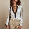 Women's V-Neck Black Lace Patchwork Lantern Sleeve Blouse