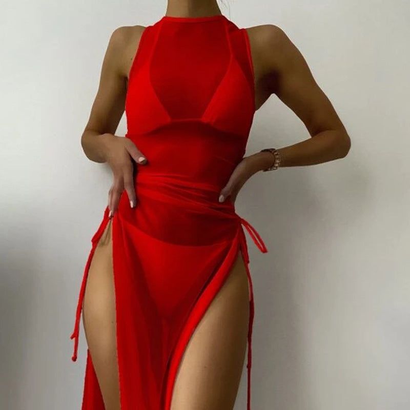 Women's Solid Color Three-Piece Bikini Set with Maxi Dress Cover-Up