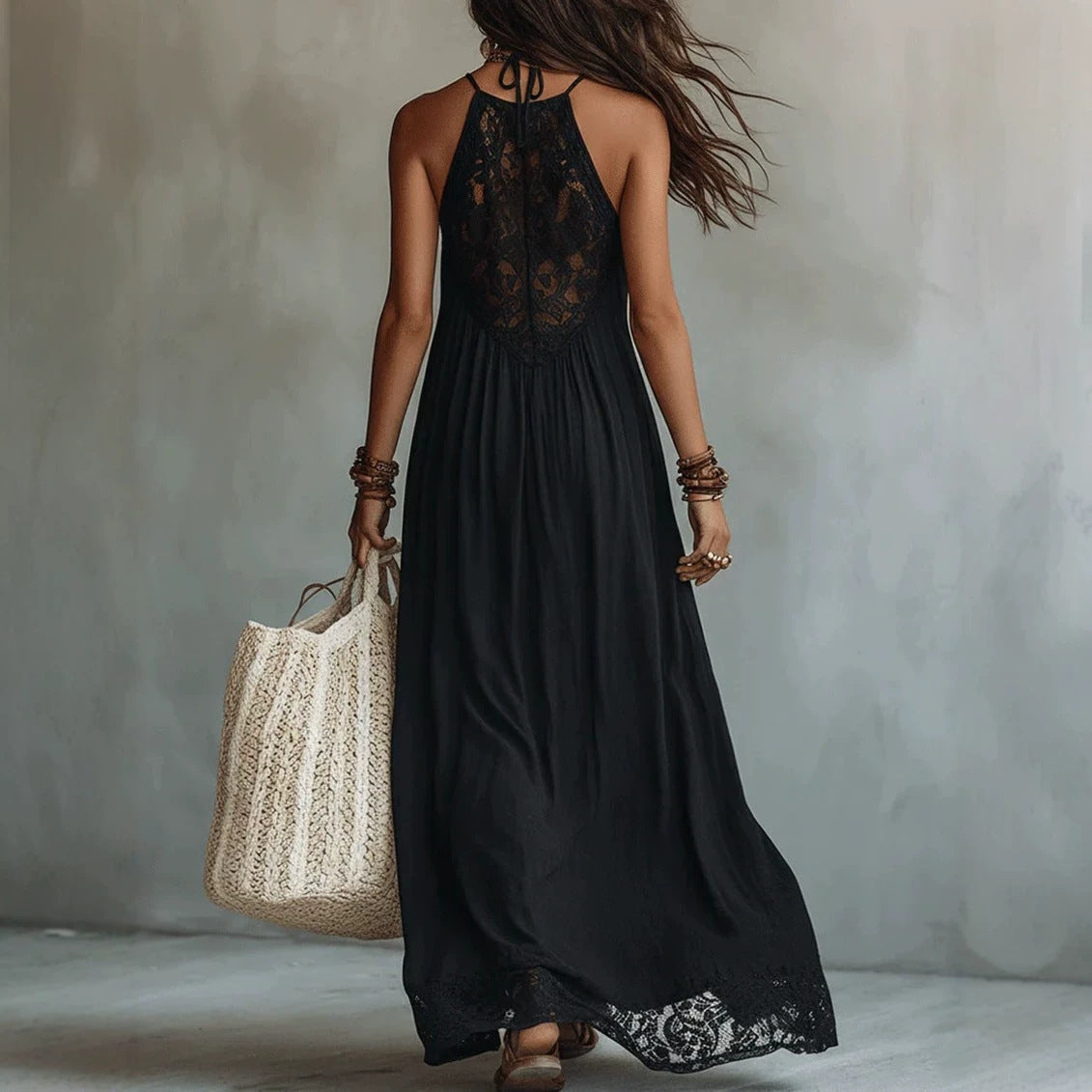 Women's Black Lace Trim Sleeveless Loose Maxi Dress