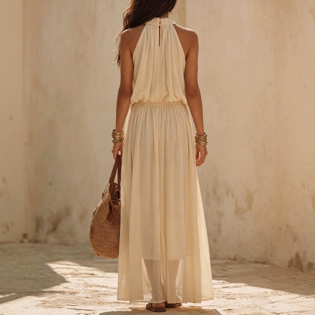 Beige White Halter Neck Maxi Dress – Boho Fairy Sleeveless Long Dress