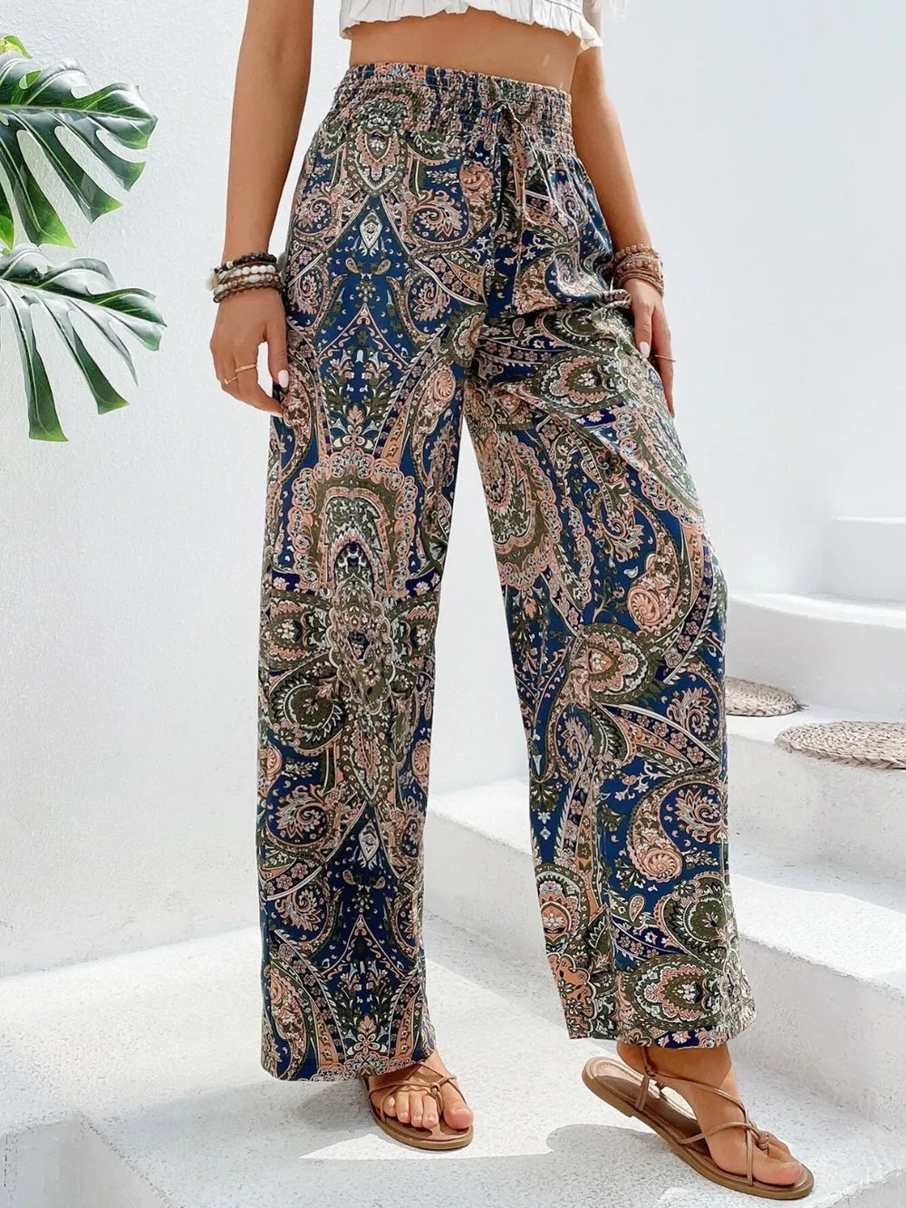 Women's Paisley Print Wide-Leg Pants – Boho Smocked Elastic Waist Tie-Up Flowy Trousers