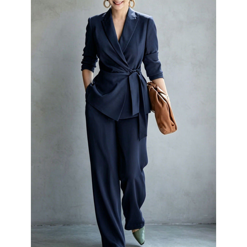 Women's Belted Blazer Wrap Top & Wide-Leg Trousers Suit Set