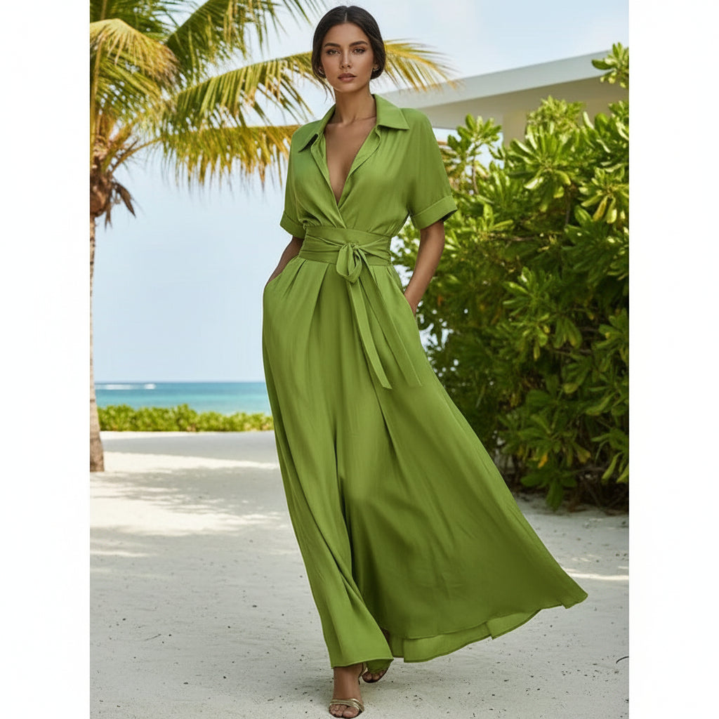 Women's Solid Color Waist-Slimming Maxi Dress — Flip Collar