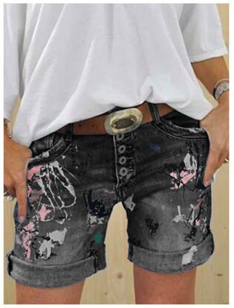 Women's High-Waist Printed Elastic Denim Shorts with Button Closure