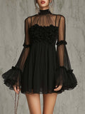 Women's Floral Embroidered Sheer Lace Dress — High Neck Flared Sleeve