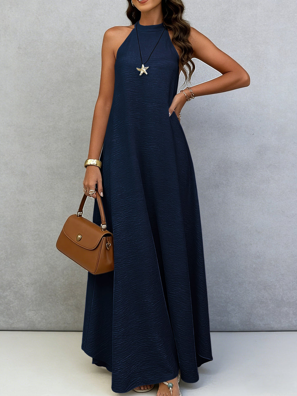 Women's Ice Silk Crinkle Sleeveless Swing Maxi Dress