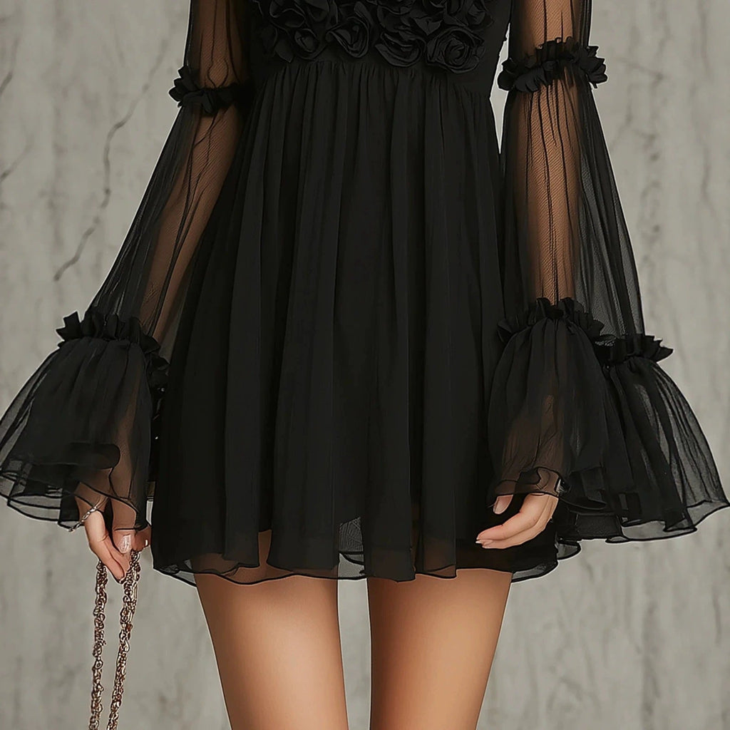 Women's Floral Embroidered Sheer Lace Dress — High Neck Flared Sleeve
