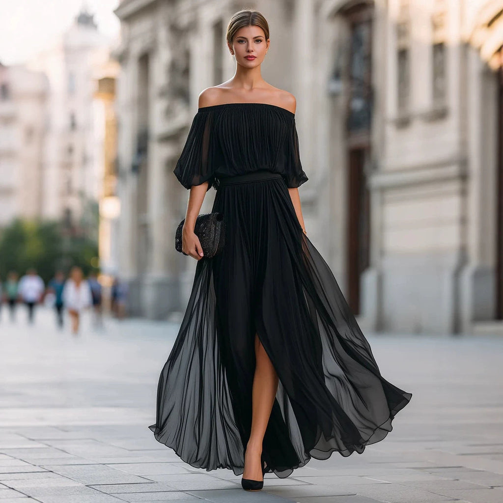 Women's One-Shoulder Ruffle Sleeve Chiffon Maxi Dress | Side Split High Waist Dress in 3 Colors