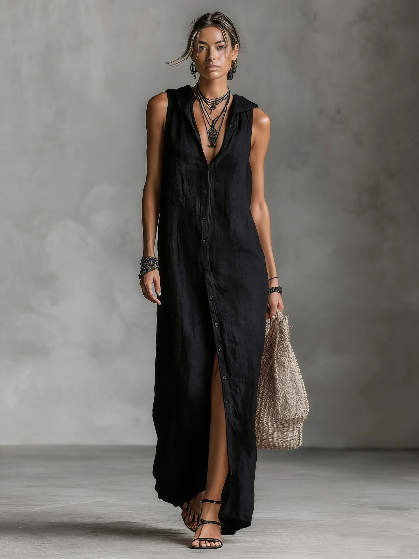 Women's Sleeveless Deep V-Neck Hooded Loose Maxi Dress – 6 Colors XS–3XL