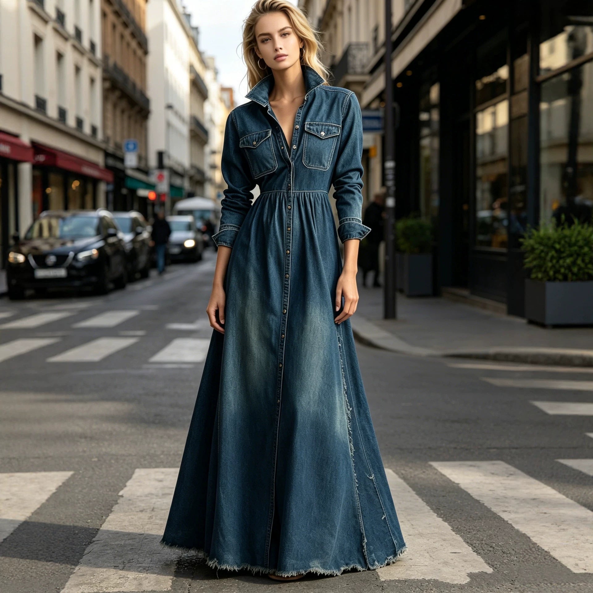 Women's Denim Maxi Shirt Dress – Cinched Waist & Flared Raw Hem Skirt