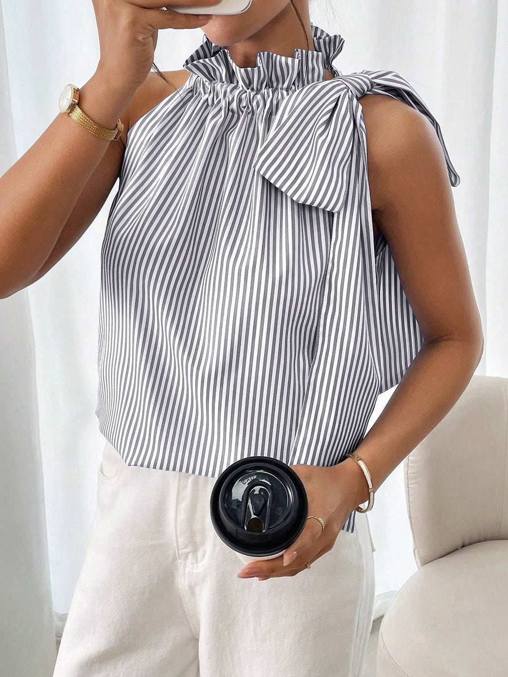 Women's Striped Sleeveless Top – Ruffle High Neck Lace Trim Tie-Knot Bow Blouse