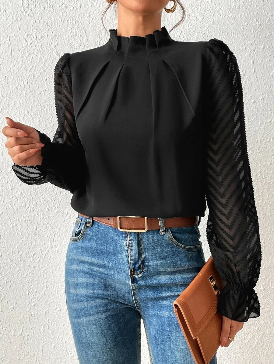 Women's Mock Neck Chiffon Blouse – Wave Pattern Sheer Long Sleeve with Ruffle Cuffs