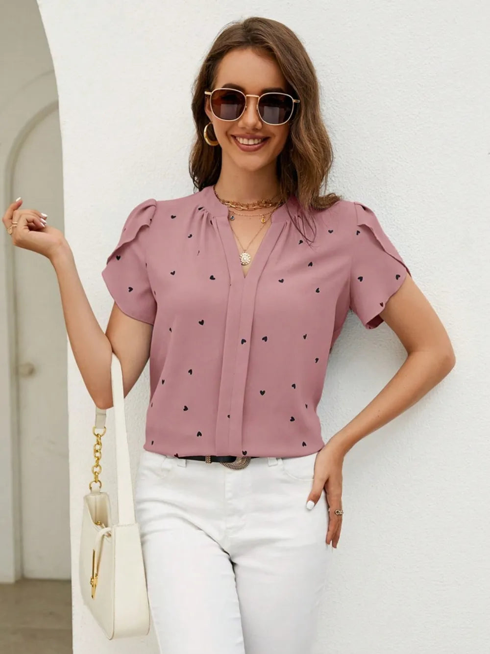 Women's V-Neck Heart Print Blouse – Petal Sleeve Pleated Front Elegant Top