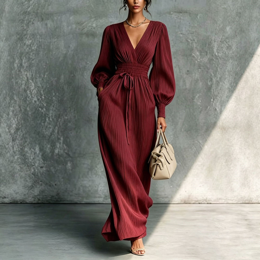 Women's Deep V-Neck Pleated Bishop Sleeve Smocked Waist Maxi Dress