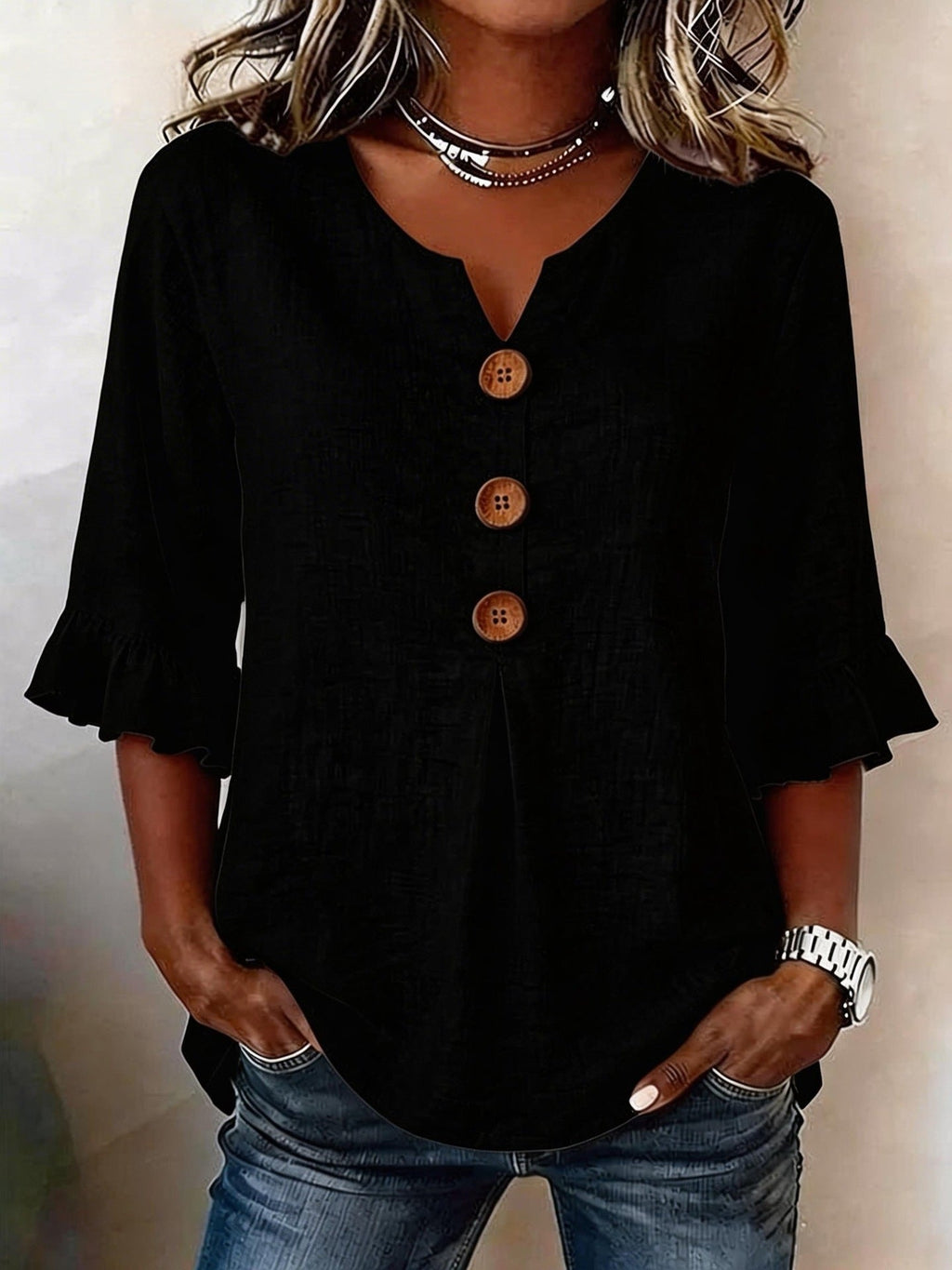 Women's Cotton Linen V-Neck Button-Up Blouse — Summer Casual Top