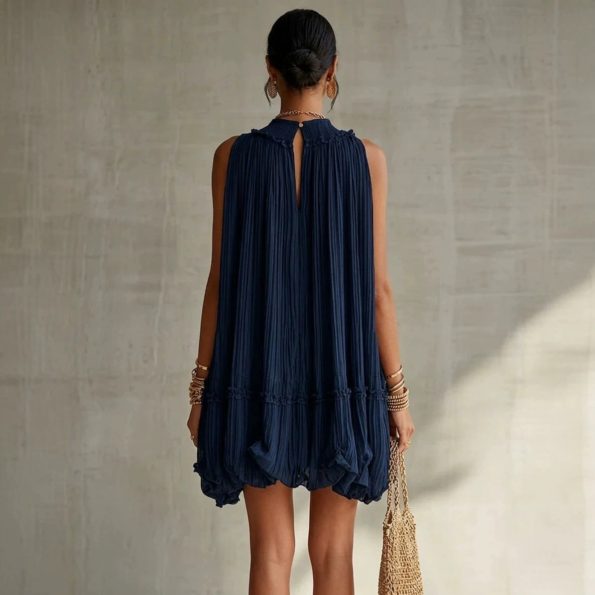 Women's Sleeveless Pleated Puff Skirt A-Line Mini Dress – Ruffled Hem Baby Doll