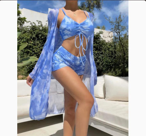 Mesh Cover-Up Three-Piece Swimwear Set – Bikini with Leg-Length Briefs