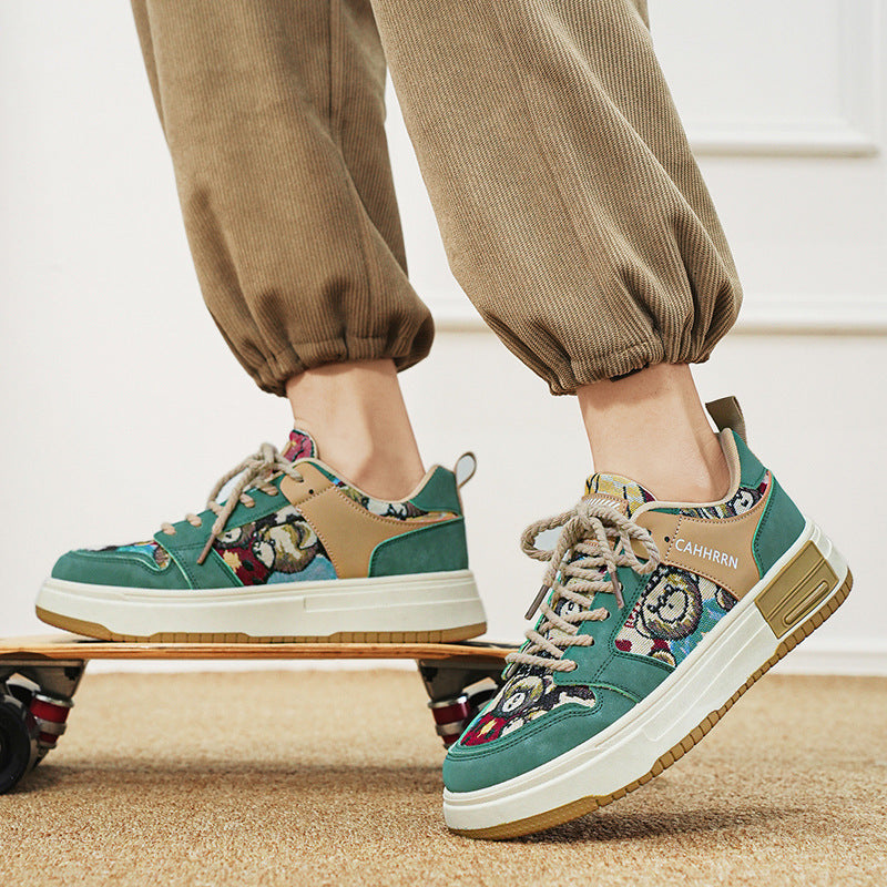Bear Patch Low-Cut Harajuku Sneakers – Color Block Thick Sole