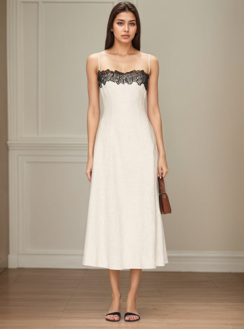 Off White Lace Contrast Camisole Midi Dress – Spaghetti Strap