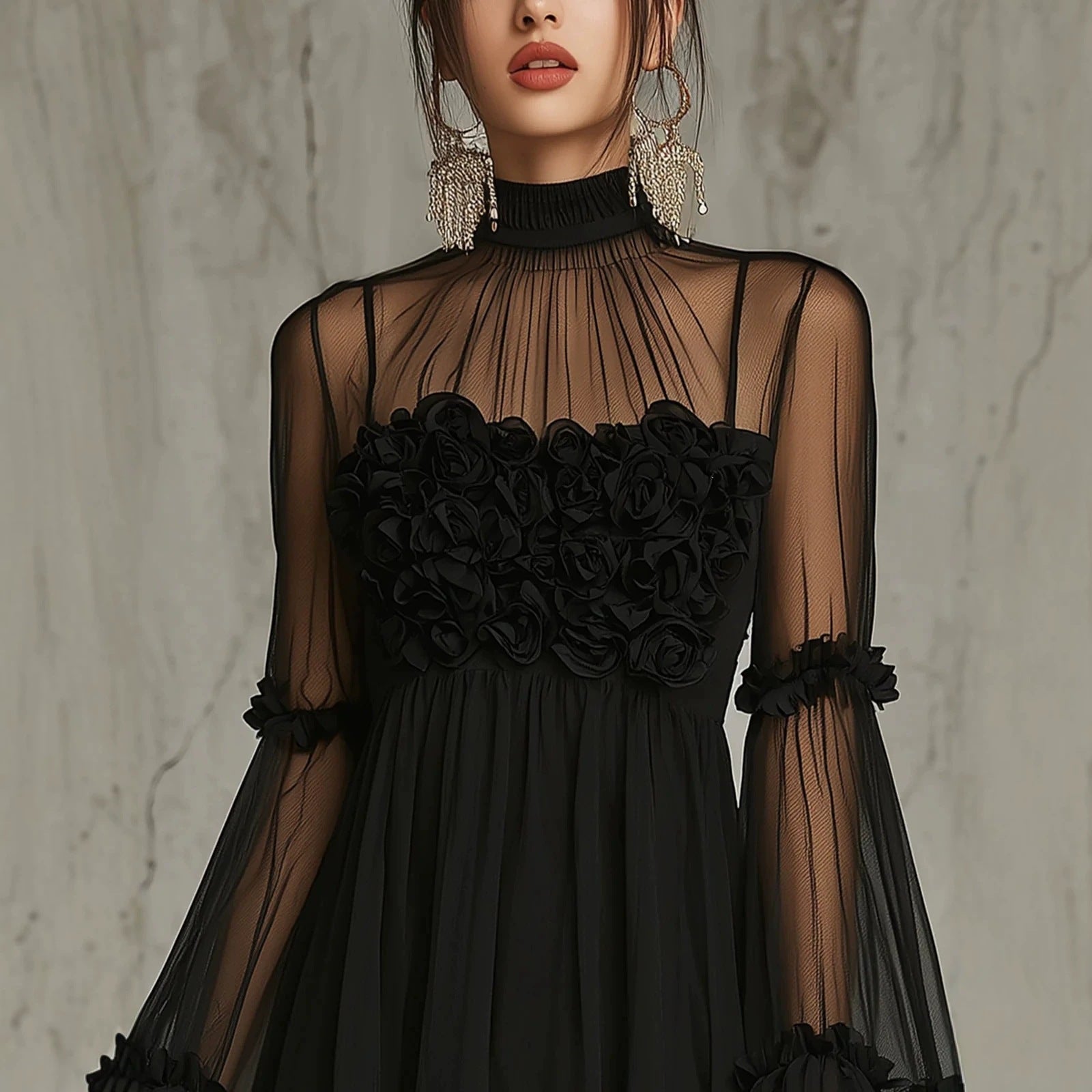 Women's Floral Embroidered Sheer Lace Dress — High Neck Flared Sleeve