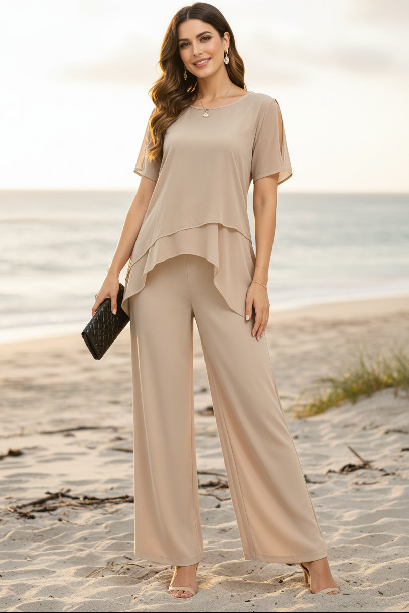 Women's Irregular Hem Top & Wide Leg Pants Two-Piece Set