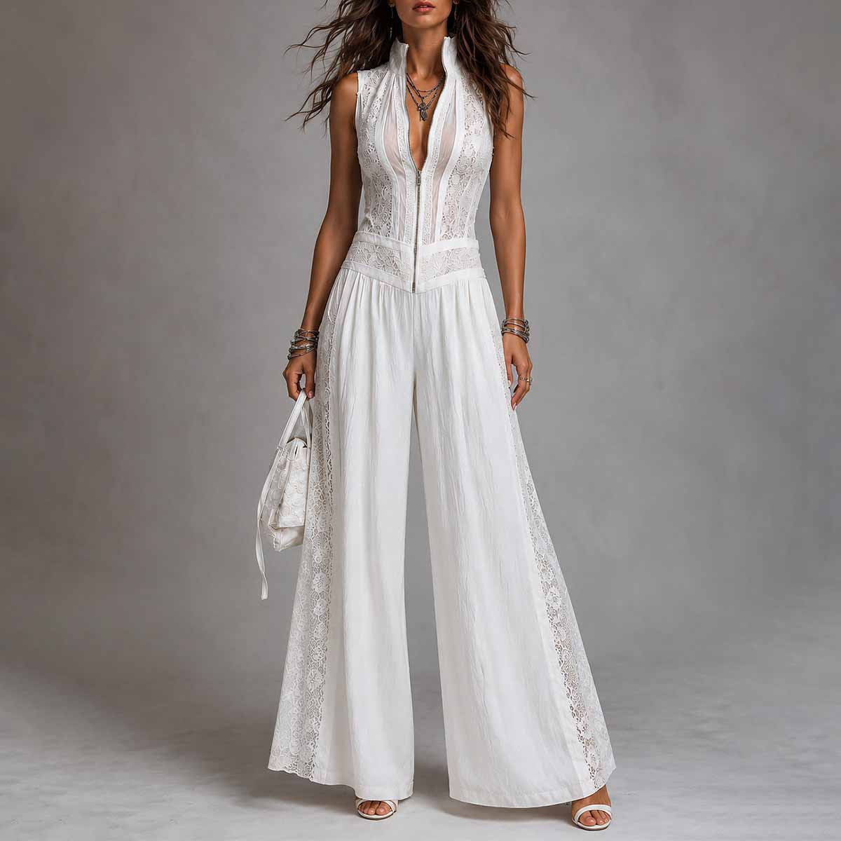 Sleeveless Lace Patchwork Wide-Leg Jumpsuit – High Waist Zip Front