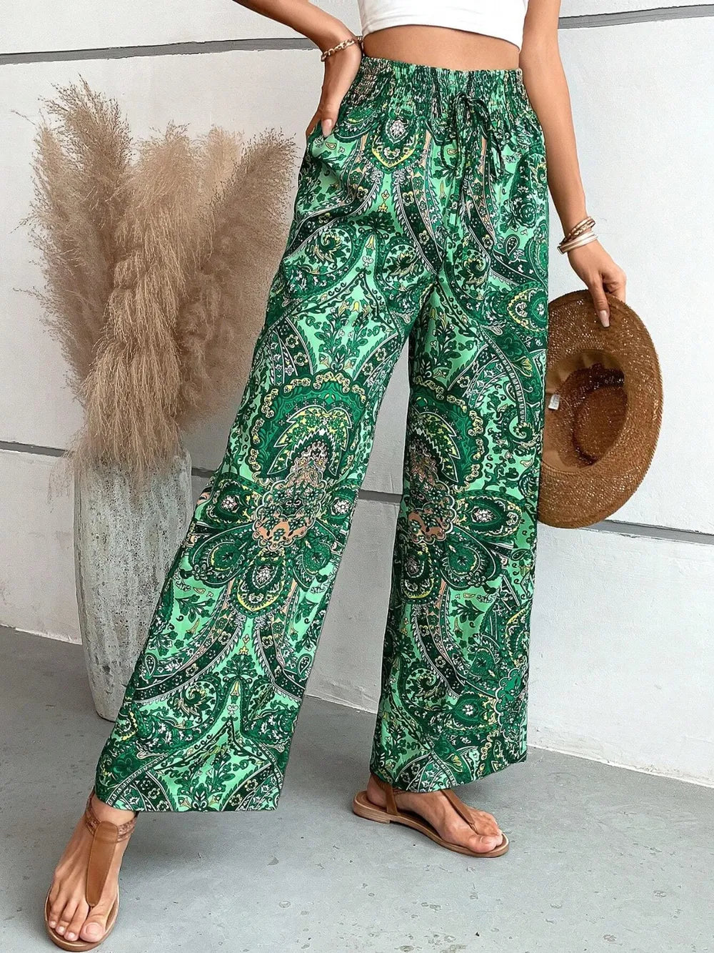 Women's Paisley Print Wide-Leg Pants – Boho Smocked Elastic Waist Tie-Up Flowy Trousers