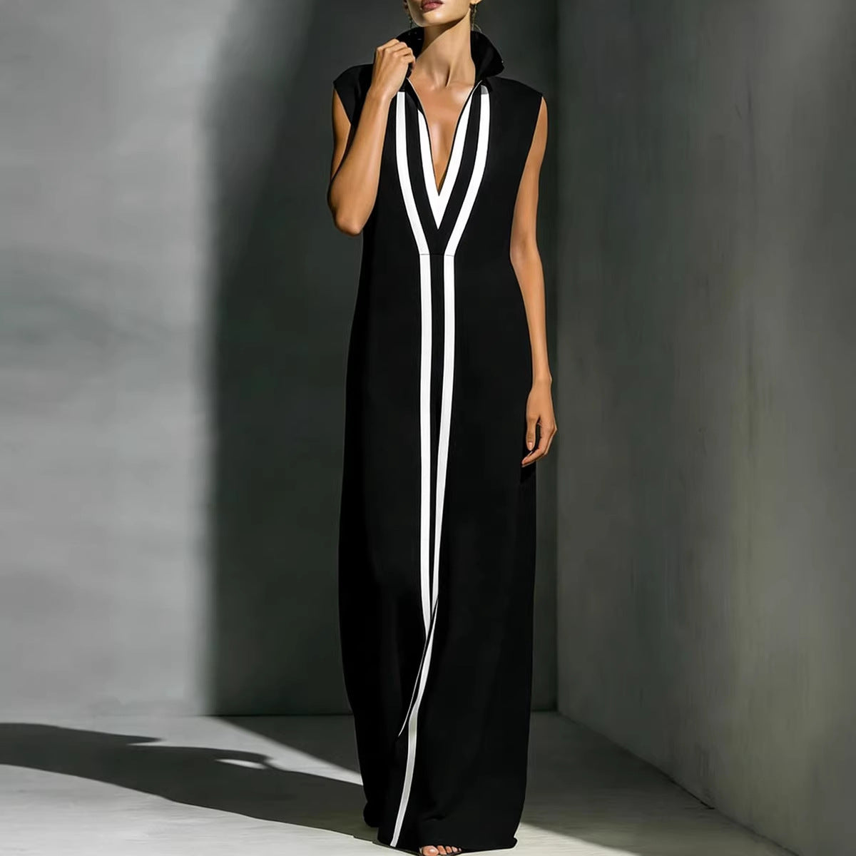 Women's V-Neck Color-Block Sleeveless A-Line Maxi Dress – 4 Colors XS–2XL