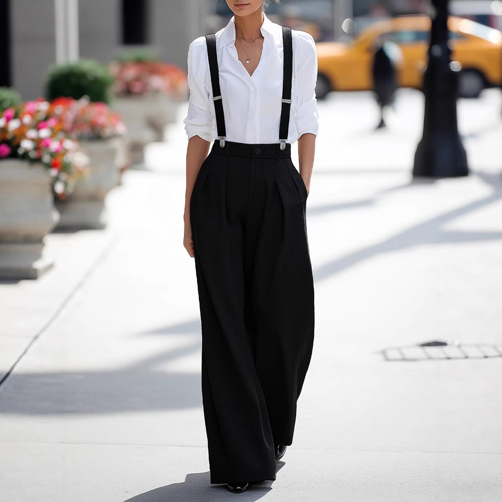 Women's High Waist Wide Leg Pants with Detachable Shoulder Straps & Pockets