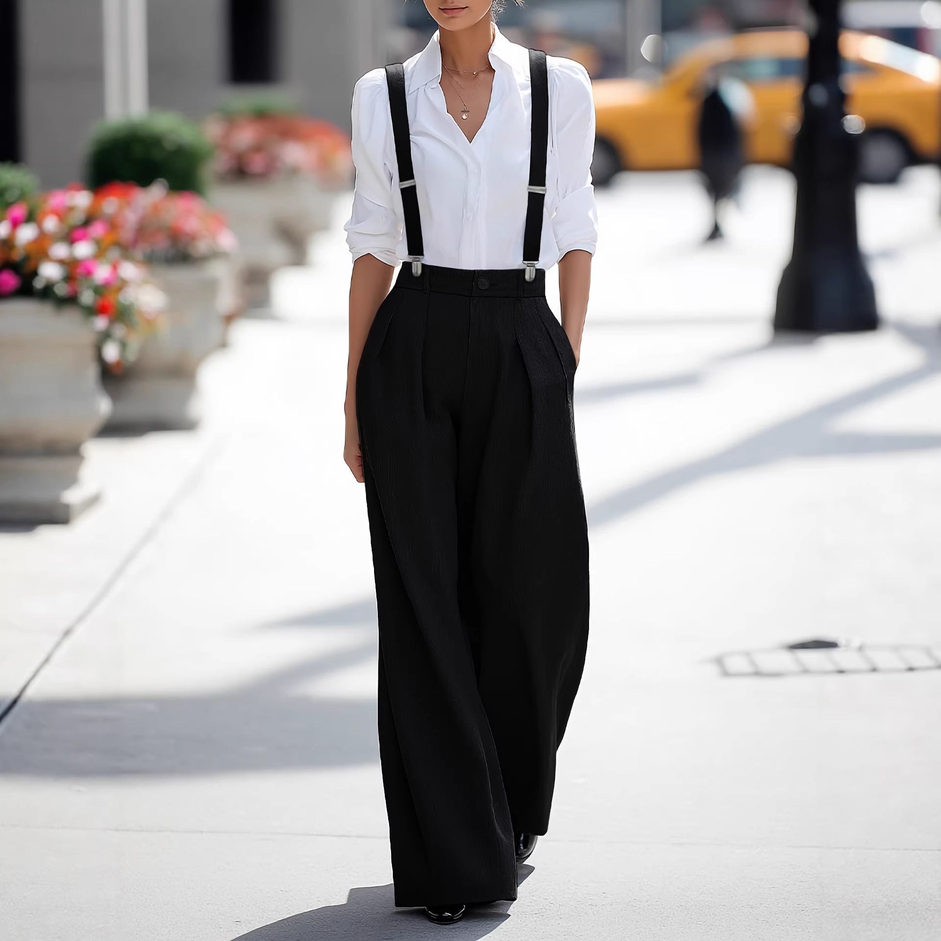 Women's High Waist Wide Leg Pants with Detachable Shoulder Straps & Pockets