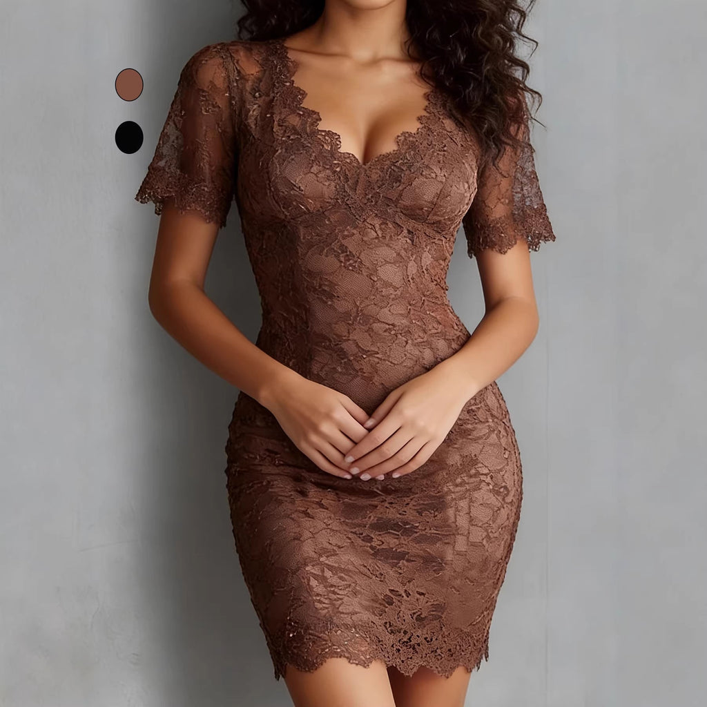 V-Neck Lace Bodycon Pencil Dress – Fitted Slimming Midi Dress