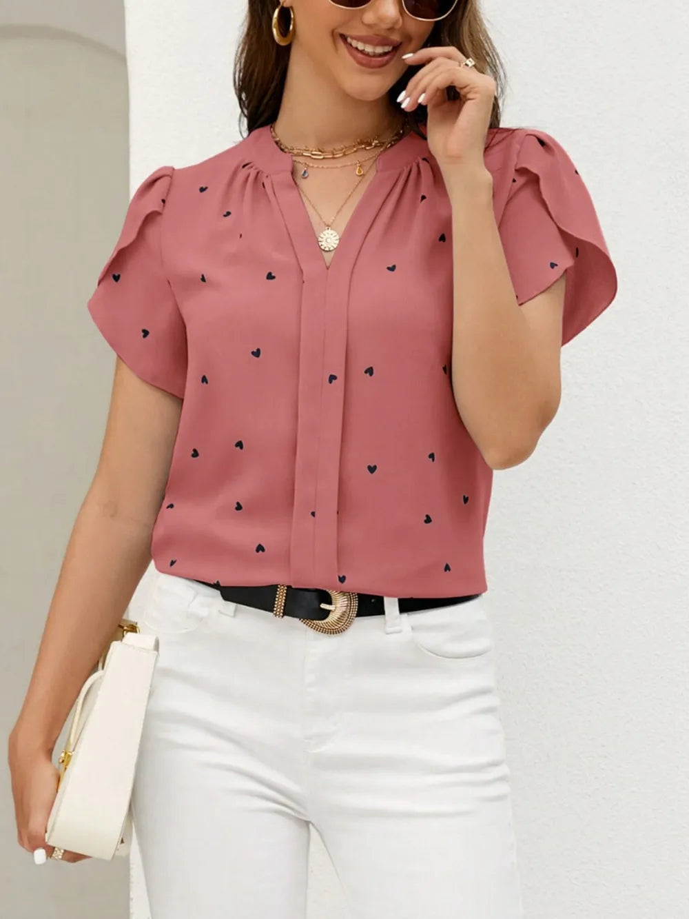 Women's V-Neck Heart Print Blouse – Petal Sleeve Pleated Front Elegant Top