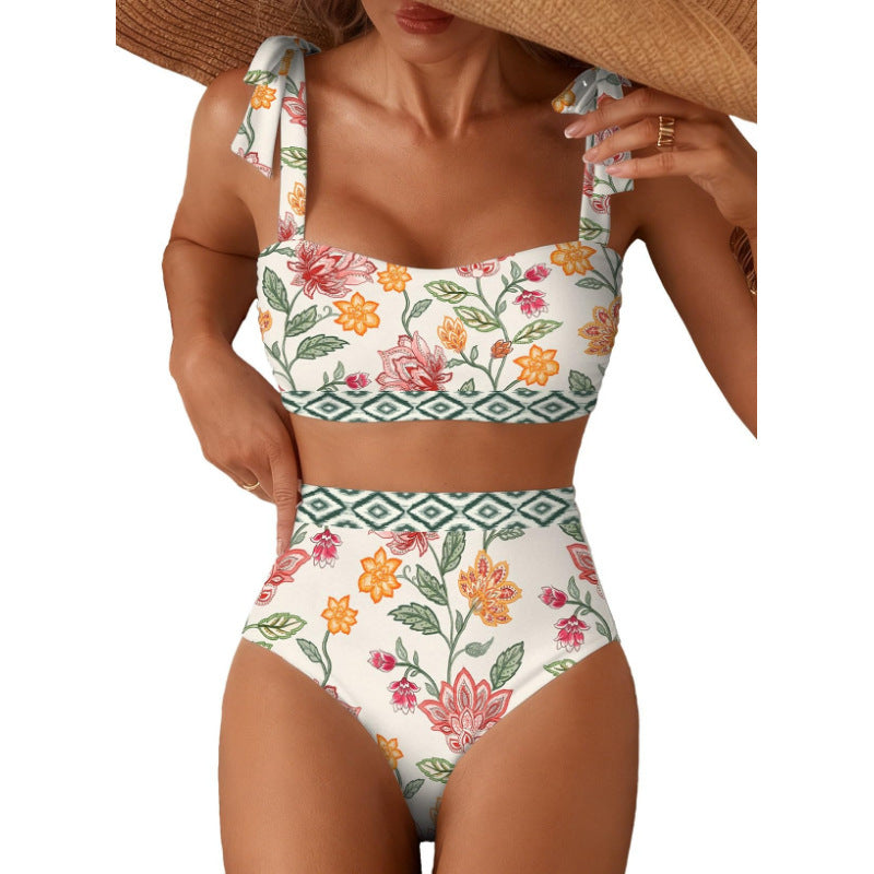 Tie-Shoulder Striped High-Waisted Bikini Set – Two-Piece Swimsuit for Women