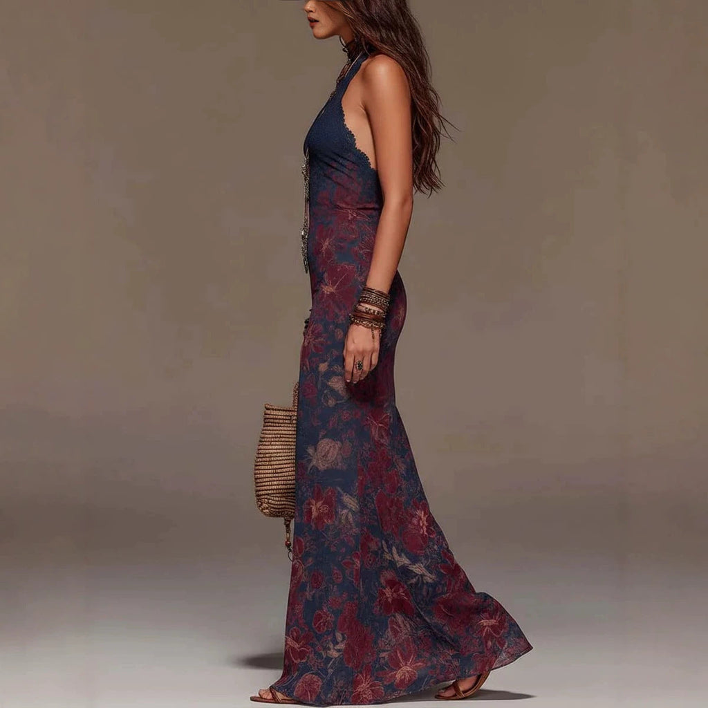 Women's Floral Print Halter Neck Deep V Lace Trim Mermaid Maxi Dress